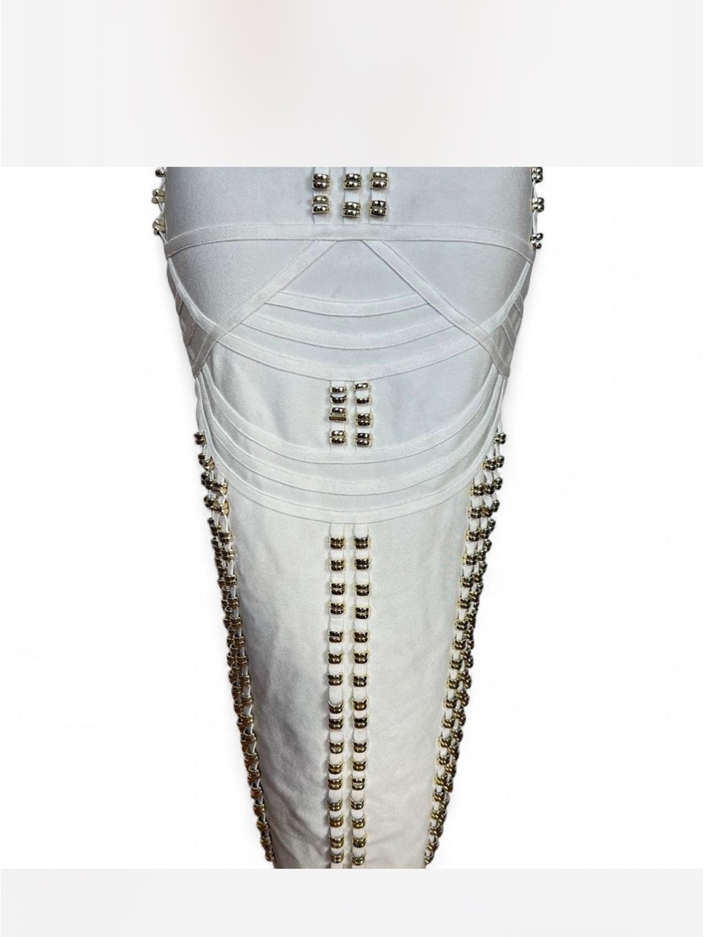 White & Gold Studded Bodycon Midi Bandage Dress - Picture 4 of 8